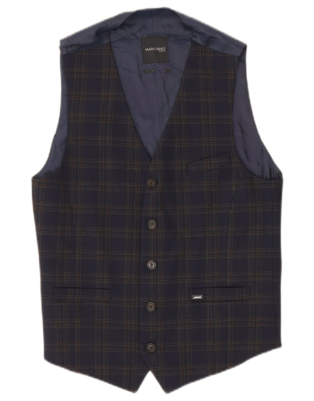 GUESS BY MARCIANO Mens Waistcoat IT 48 Small Navy Blue Check Polyester