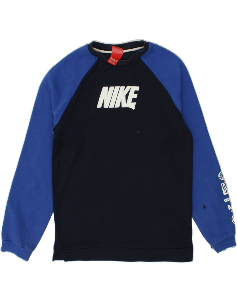 NIKE Boys Graphic Sweatshirt Jumper 13-14 Years Navy Blue Colourblock | Vintage Nike | Thrift | Second-Hand Nike | Used Clothing | Messina Hembry 