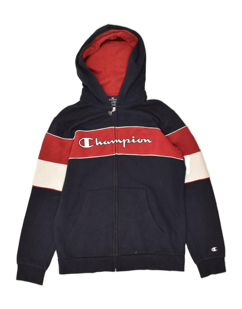 CHAMPION Boys Graphic Zip Hoodie Sweater 13-14 Years XL Navy Blue Striped | Vintage Champion | Thrift | Second-Hand Champion | Used Clothing | Messina Hembry 