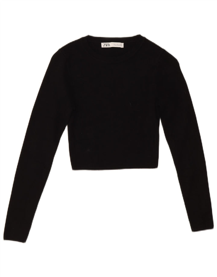 Zara Womens Crop Crew Neck Jumper Sweater UK10 Small Black Viscose