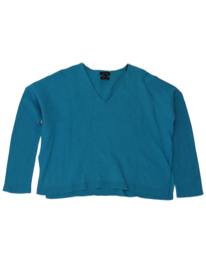Massimo Dutti Womens Crop Oversized V-Neck Jumper Sweater UK 10 Small Blue