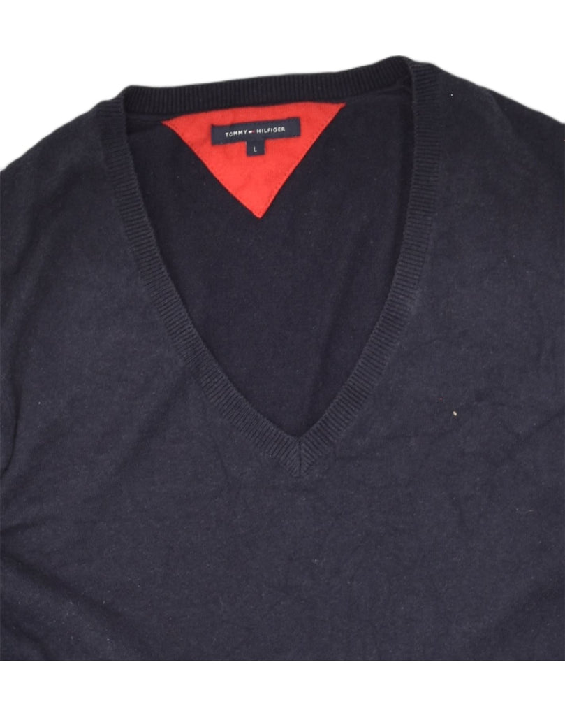 TOMMY HILFIGER Womens V-Neck Jumper Sweater UK 16 Large Navy Blue Cotton | Vintage Tommy Hilfiger | Thrift | Second-Hand Tommy Hilfiger | Used Clothing | Messina Hembry 