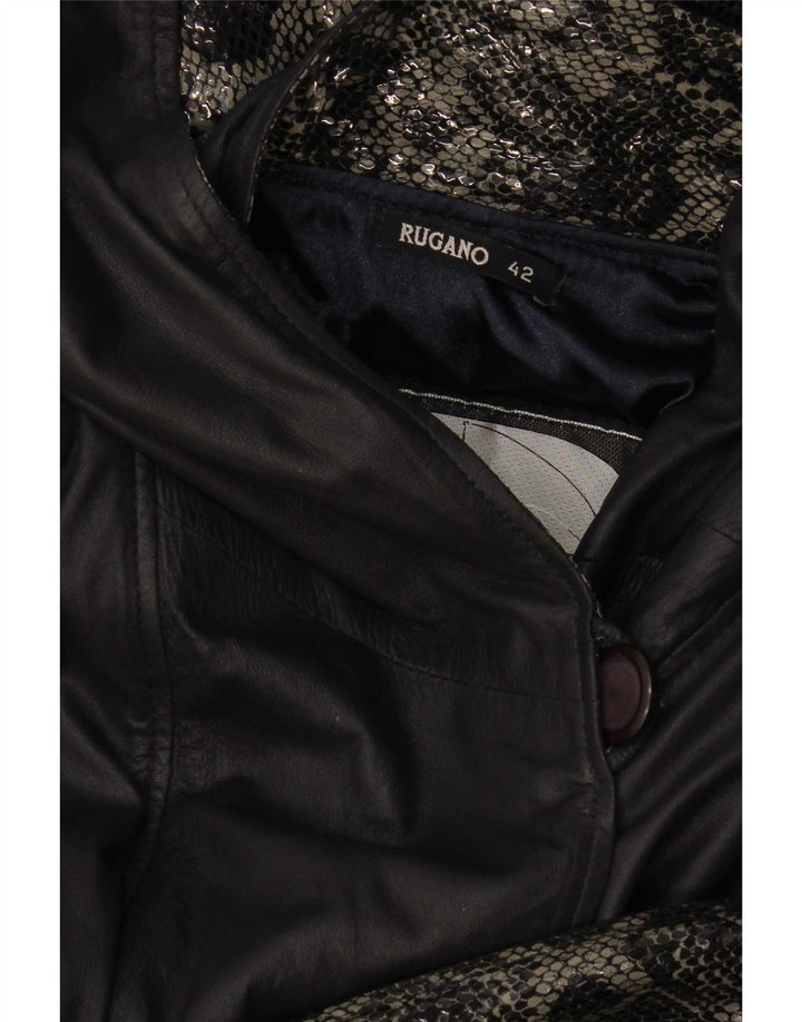 Rugano Womens Hooded Leather Coat IT 42 Medium Navy Blue Animal Print