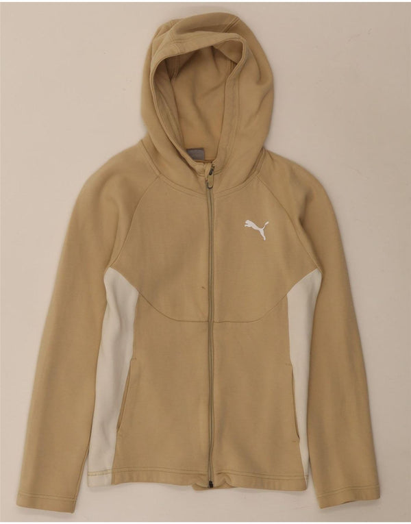 Puma Girls Hooded Zip Hoodie Sweater 11-12 Years Beige Colourblock