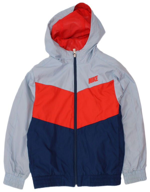 Nike Boys Hooded Rain Jacket 8-9 Years Small Navy Blue Colourblock