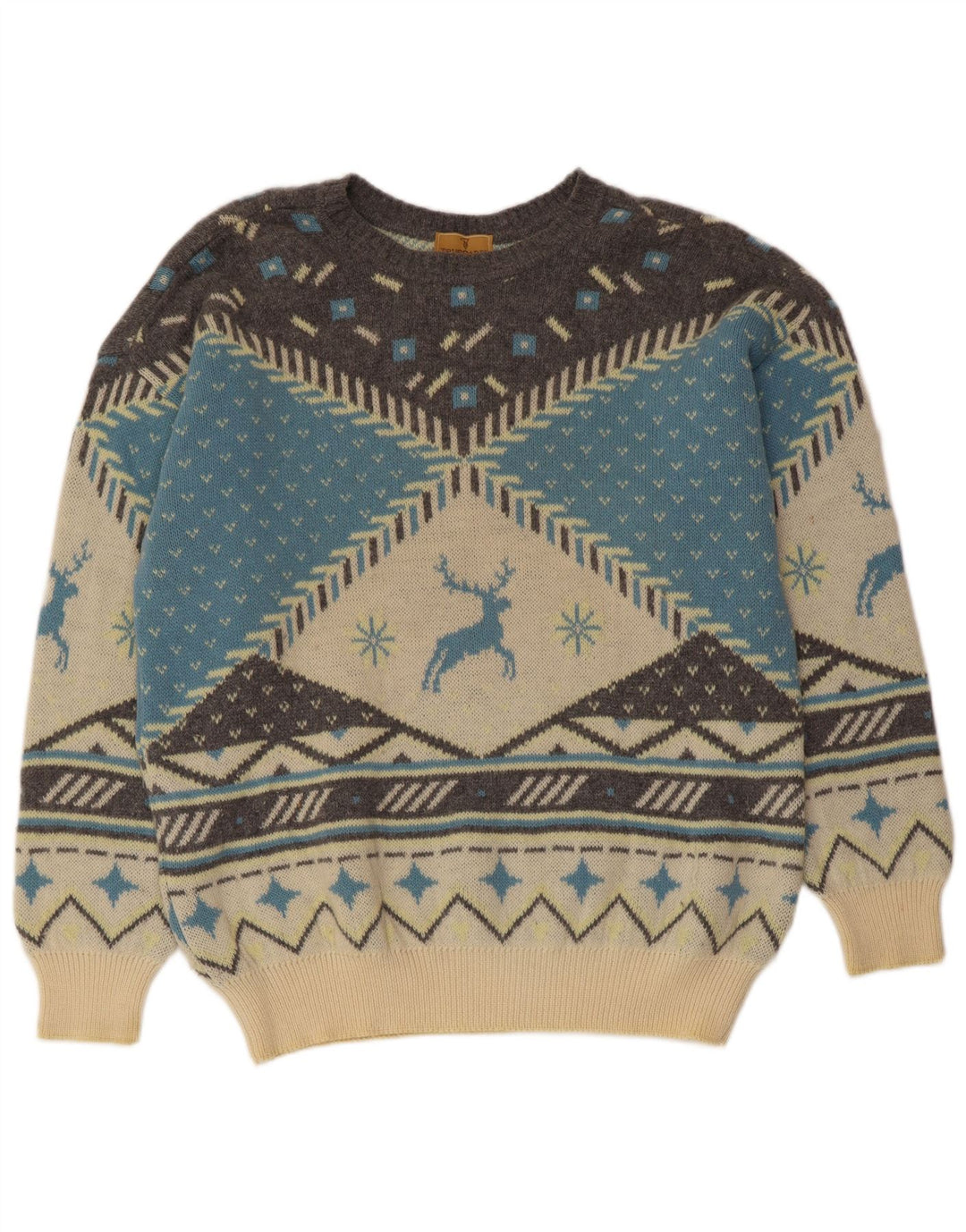 TRUSSARDI JEANS Mens Crew Neck Jumper Sweater Large Off White Fair Isle