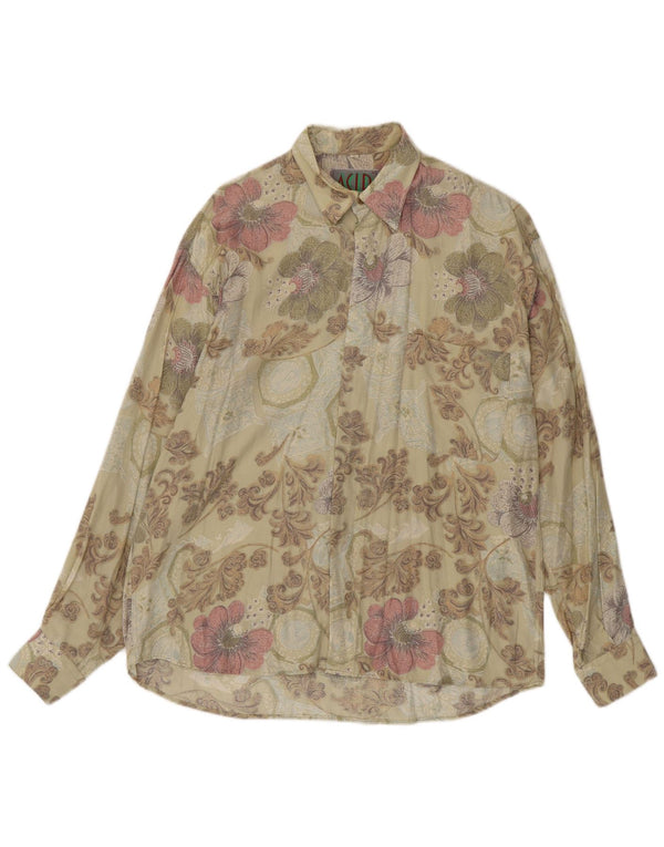Vintage Mens Shirt Medium Beige Floral Viscose