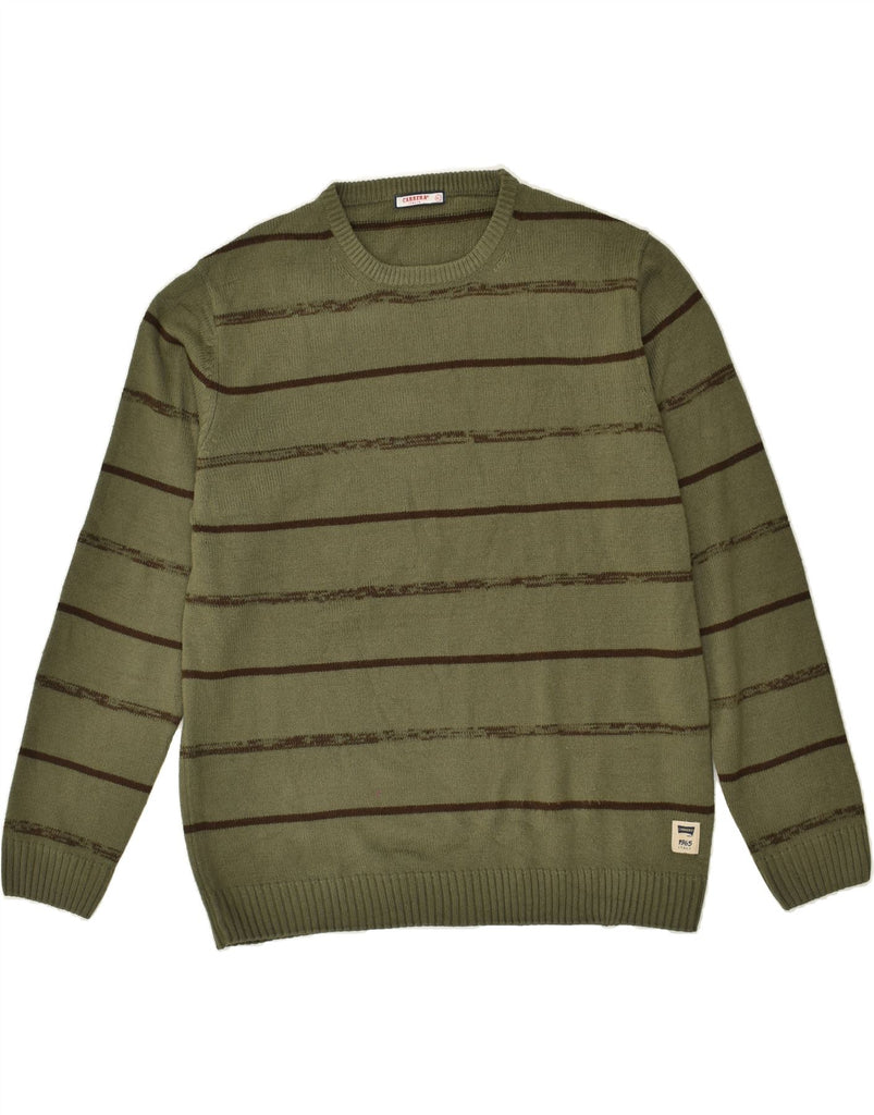 CARRERA Mens Crew Neck Jumper Sweater XL Khaki Striped Acrylic | Vintage Carrera | Thrift | Second-Hand Carrera | Used Clothing | Messina Hembry 