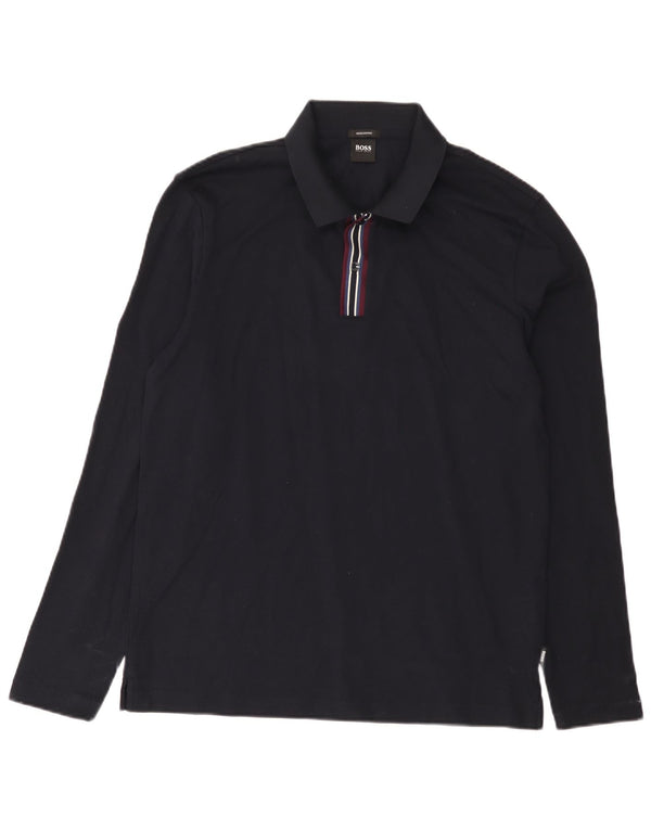Hugo Boss Mens Long Sleeve Polo Shirt Large Navy Blue Cotton