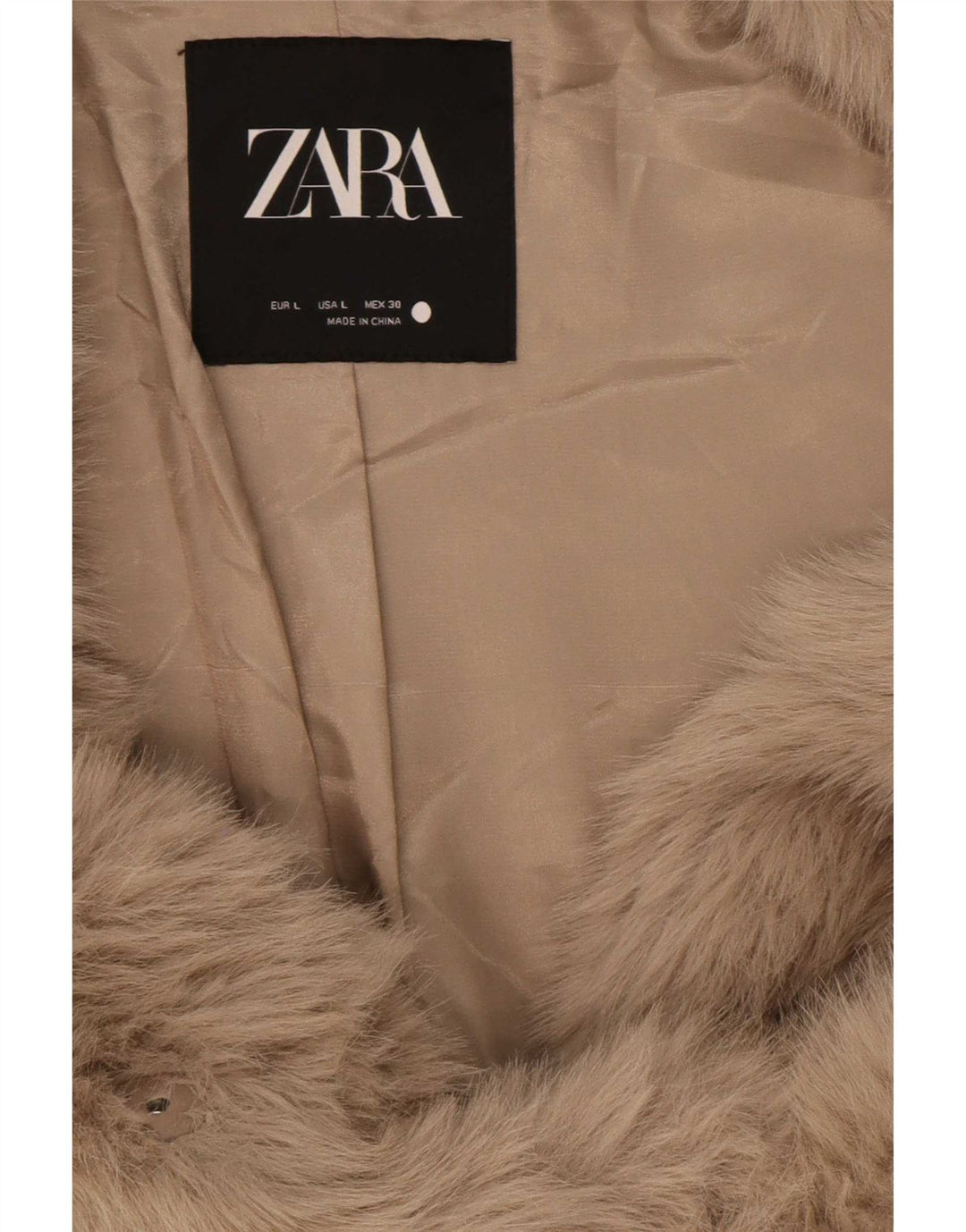 Zara Womens Poplin Faux Fur Jacket UK 16 Large Beige Polyester