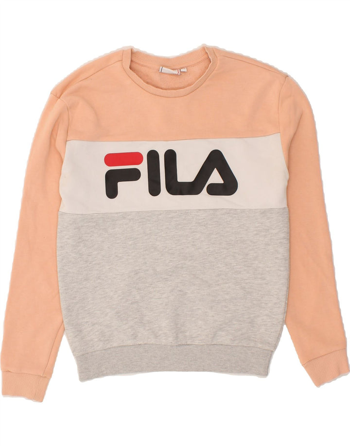FILA Womens Oversized Graphic Sweatshirt Jumper UK 6 XS Grey Colourblock Vintage Fila and Second-Hand Fila from Messina Hembry 