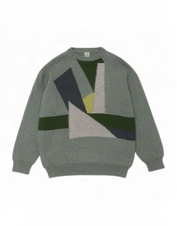 Vintage Mens Crew Neck Jumper Sweater Medium Green Geometric Cotton