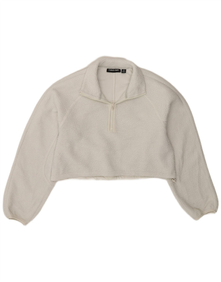 CALVIN KLEIN Womens Oversized Crop Zip Neck Fleece Jumper UK 6 XS White
