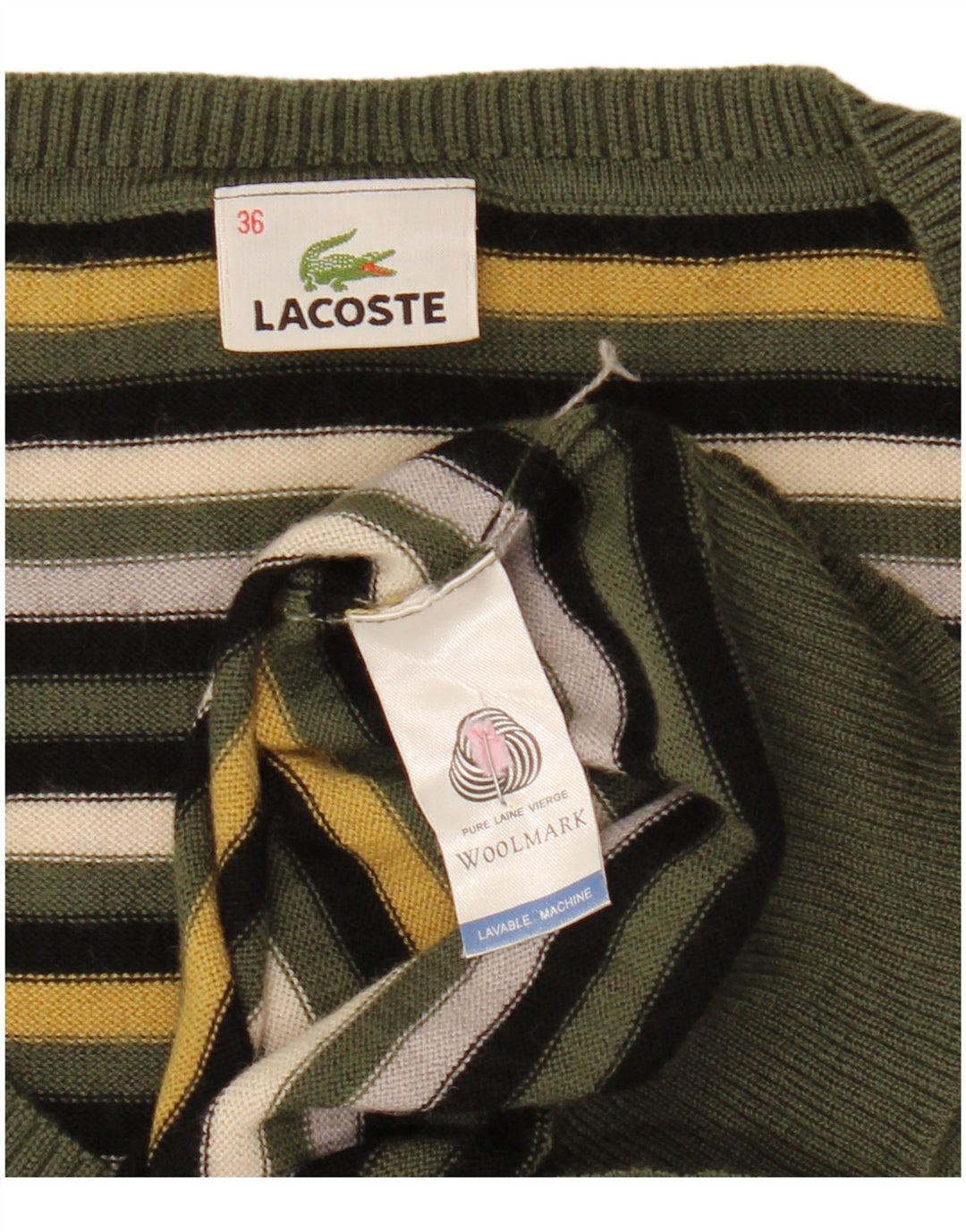 LACOSTE Womens Boat Neck Jumper Sweater Size 36 Small Khaki Striped Wool