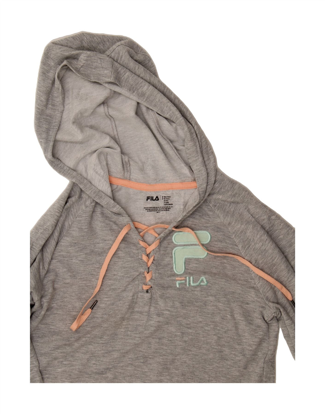FILA Womens Short Sleeve Hoodie Jumper UK 10 Small Grey Cotton Vintage Fila and Second-Hand Fila from Messina Hembry 