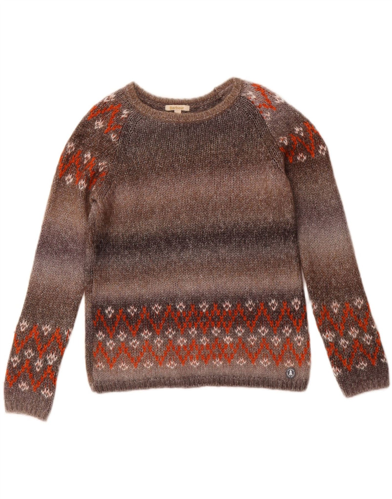 BARBOUR Womens Crop Boat Neck Jumper Sweater UK 8 Small Grey Fair Isle Vintage Barbour and Second-Hand Barbour from Messina Hembry 