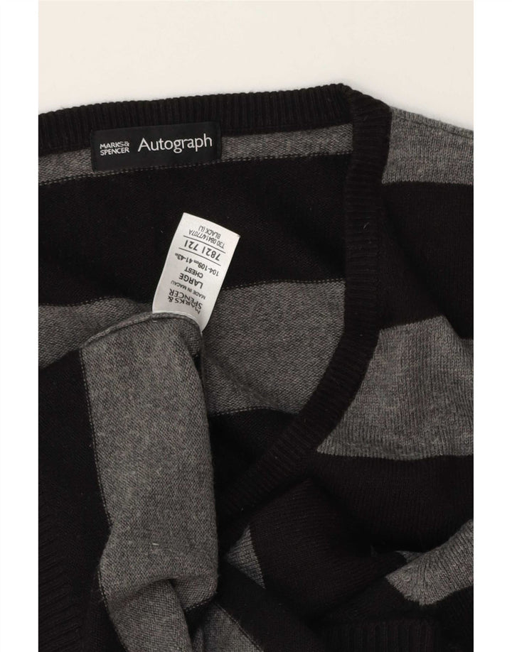 Marks & Spencer Mens V-Neck Jumper Sweater Large Grey Striped Acrylic