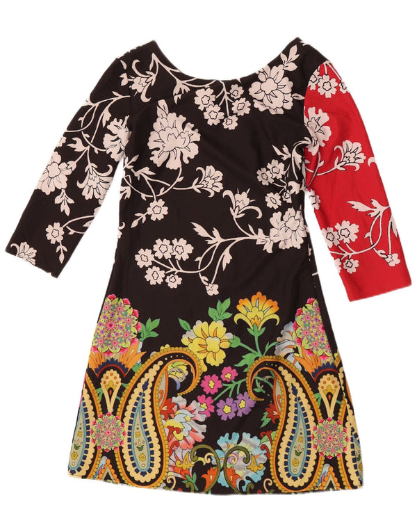 Desigual Womens 3/4 Sleeve A-Line Dress EU 36 Small Black Floral Polyester