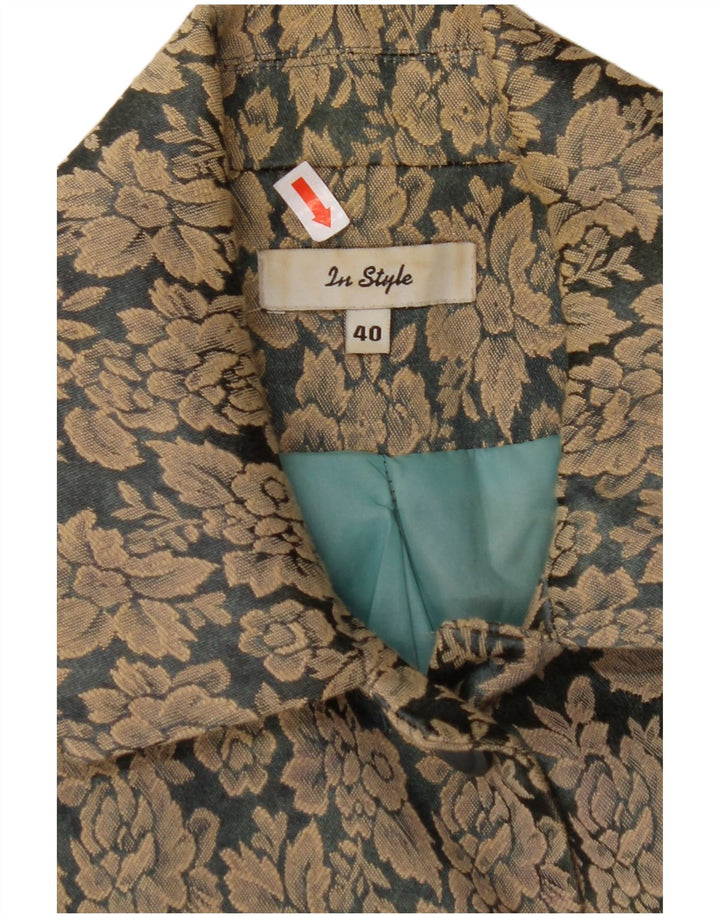 VINTAGE Womens 3 Button Blazer Jacket EU 40 Medium Brown Floral Cotton