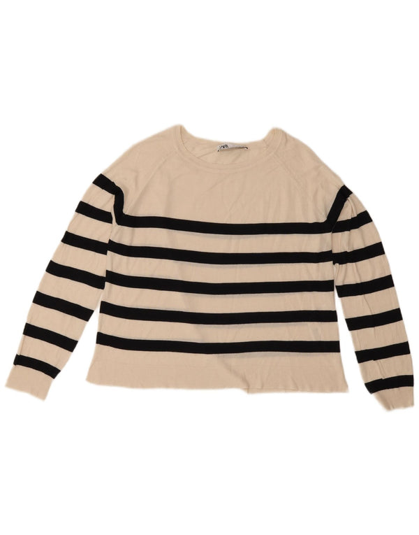 Zara Womens Boat Neck Jumper Sweater UK 14 Medium Off White Striped Viscose