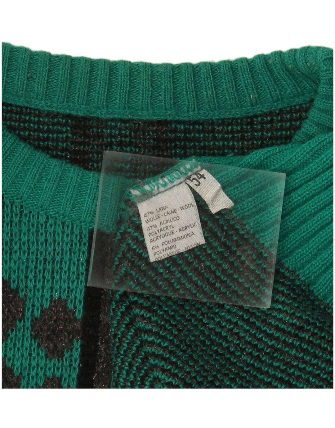 Vintage Womens Crew Neck Jumper Sweater IT 54 Large Green Geometric Wool