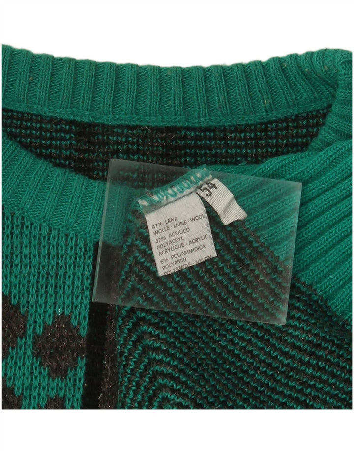 Vintage Womens Crew Neck Jumper Sweater IT 54 Large Green Geometric Wool