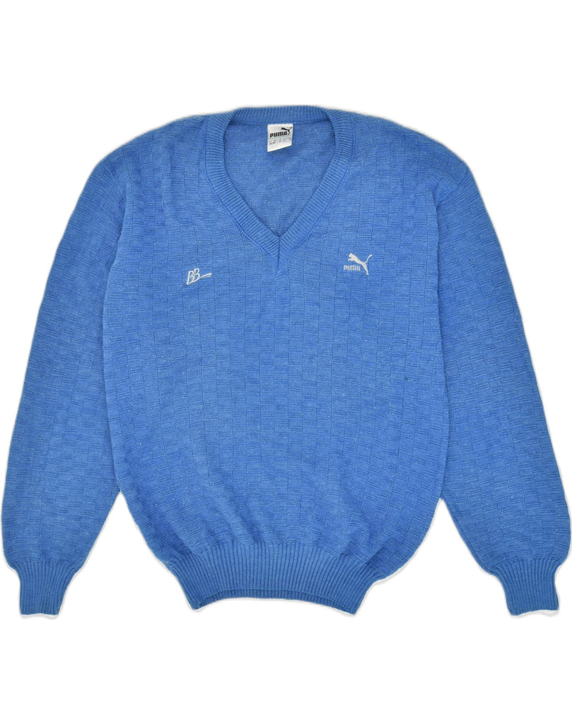 PUMA Mens V-Neck Jumper Sweater UK 38 Medium Blue Cotton | Vintage Puma | Thrift | Second-Hand Puma | Used Clothing | Messina Hembry 