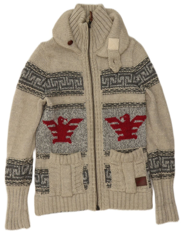 Superdry Mens Graphic Full Zip Cardigan Sweater Small Grey Geometric Wool