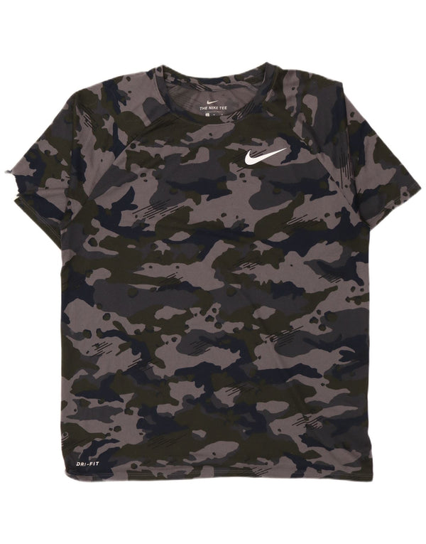 NIKE Mens Dri Fit T-Shirt Top Large Grey Camouflage Polyester