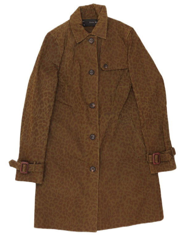 Zara Womens Trench Coat UK 10 Small Khaki Animal Print Cotton