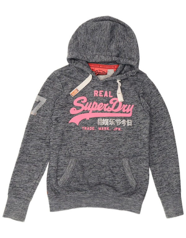 Superdry Womens Graphic Hoodie Jumper UK 10 Small Navy Blue Flecked Cotton