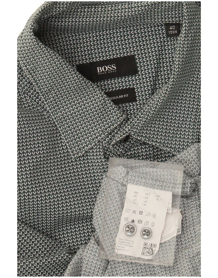 Hugo Boss Mens Regular Fit Shirt Size 40 15 3/4 Medium Green Geometric