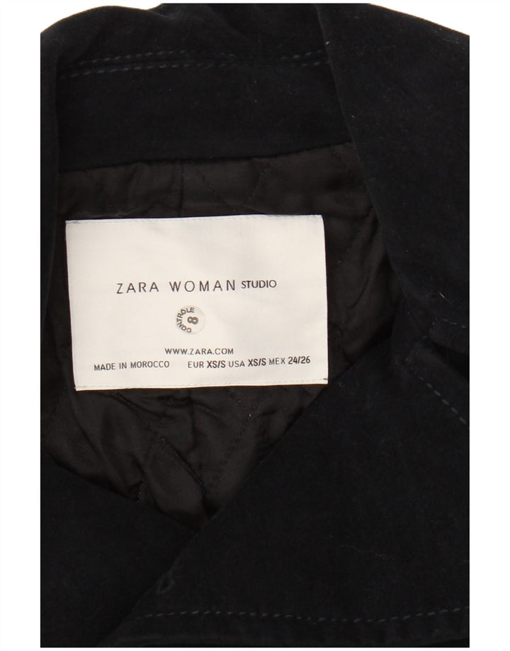 Zara Womens Crop Double Breasted Bomber Jacket UK 6 XS Navy Blue Cotton