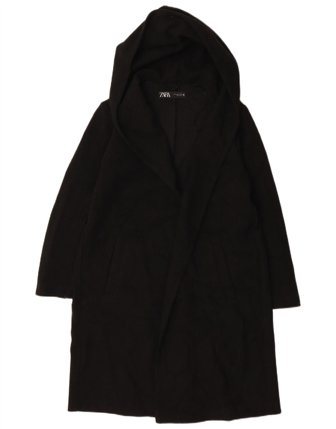 Zara Womens Hooded Open Overcoat UK 14 Medium Black Polyester