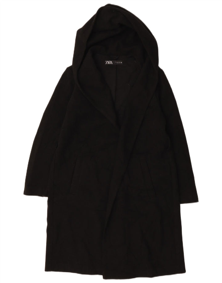 Zara Womens Hooded Open Overcoat UK 14 Medium Black Polyester
