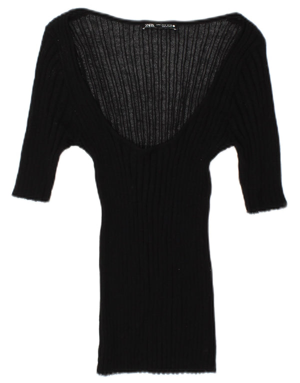 Zara Womens See Through 3/4 Sleeve Blouse Top UK 12 Medium Black