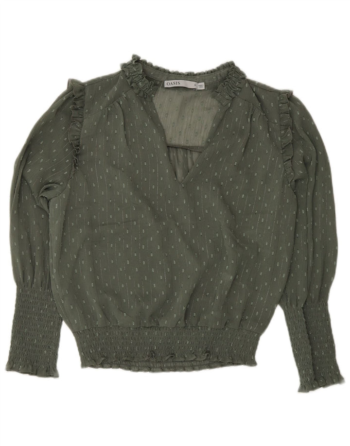 Oasis Womens Long Sleeve Blouse Top UK 8 Small Khaki Spotted Polyester