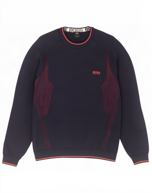 Hugo Boss Mens Crew Neck Jumper Sweater Medium Navy Blue Colourblock Cotton