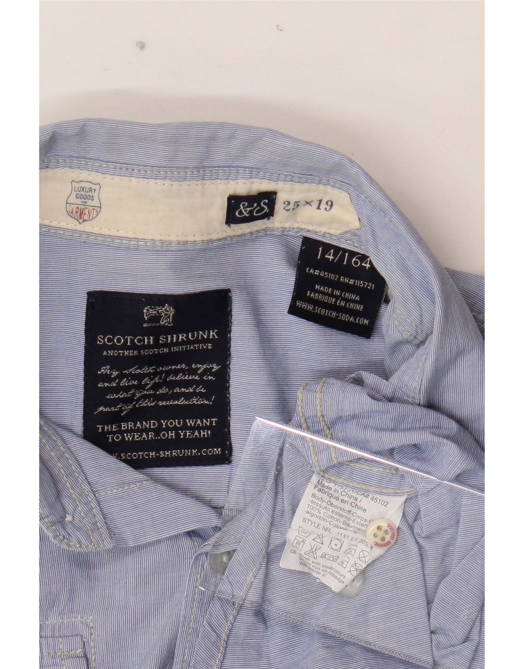 SCOTCH SHRUNK Boys Graphic Short Sleeve Shirt 13-14 Years Blue Cotton Vintage Scotch Shrunk and Second-Hand Scotch Shrunk from Messina Hembry 