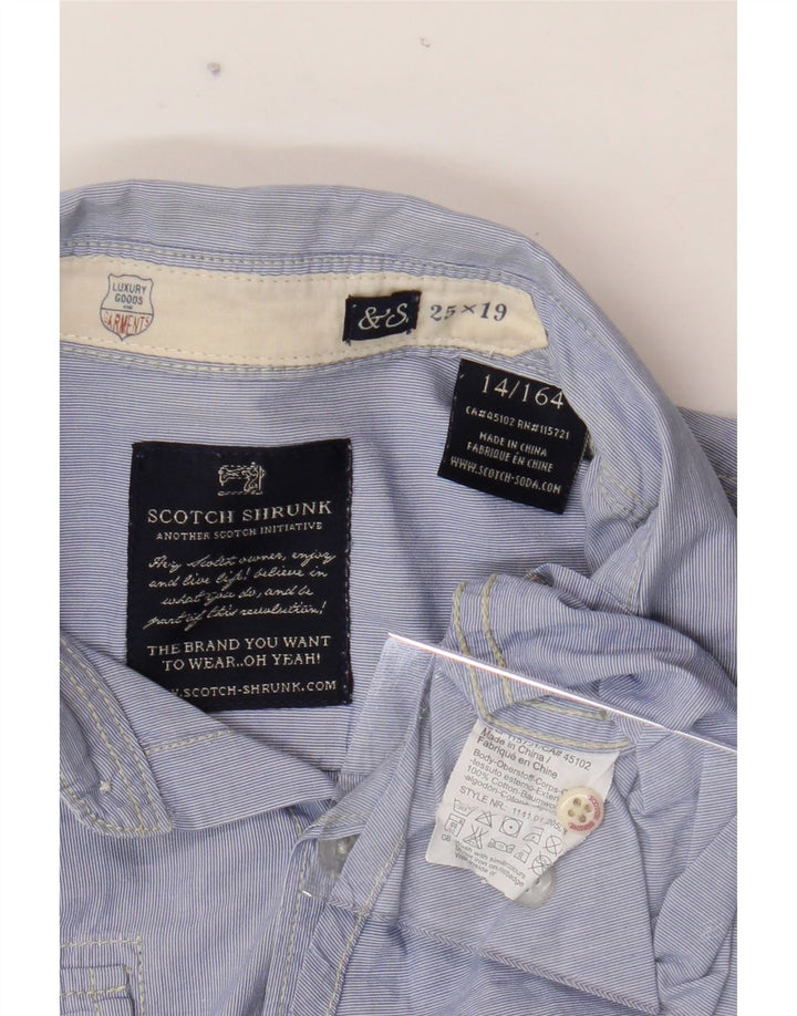 SCOTCH SHRUNK Boys Graphic Short Sleeve Shirt 13-14 Years Blue Cotton Vintage Scotch Shrunk and Second-Hand Scotch Shrunk from Messina Hembry 