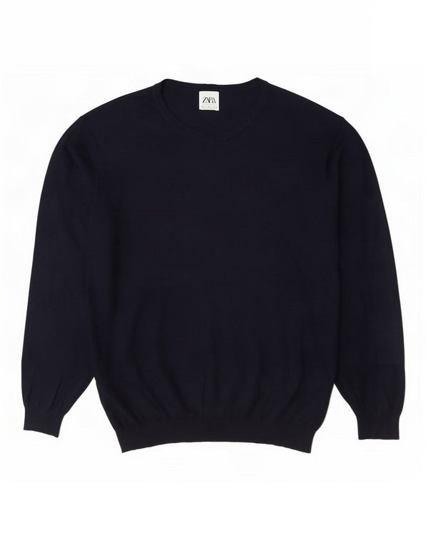 Zara Mens V-Neck Jumper Sweater Large Navy Blue