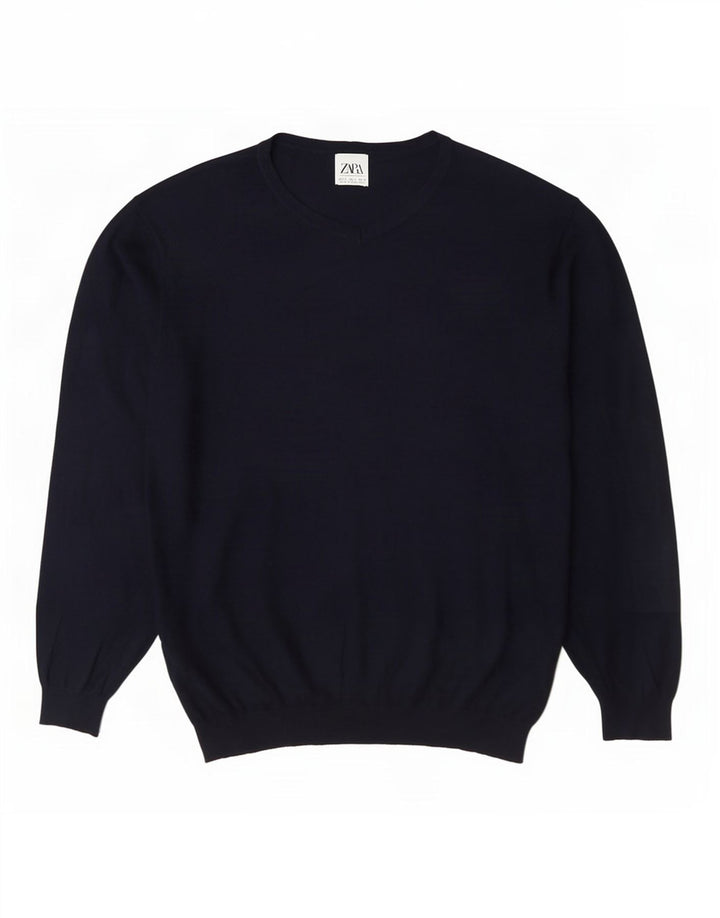 Zara Mens V-Neck Jumper Sweater Large Navy Blue