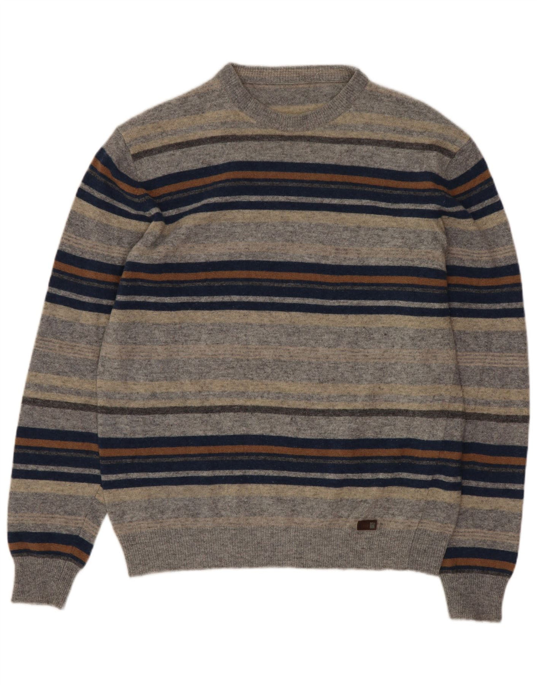Vintage Mens Crew Neck Jumper Sweater Small Grey Striped Virgin Wool