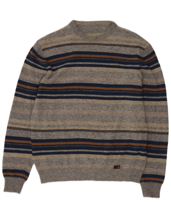 Vintage Mens Crew Neck Jumper Sweater Small Grey Striped Virgin Wool