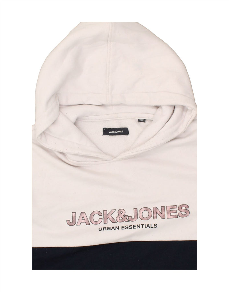 JACK & JONES Mens Graphic Hoodie Jumper Medium White Colourblock Polyester | Vintage Jack & Jones | Thrift | Second-Hand Jack & Jones | Used Clothing | Messina Hembry 