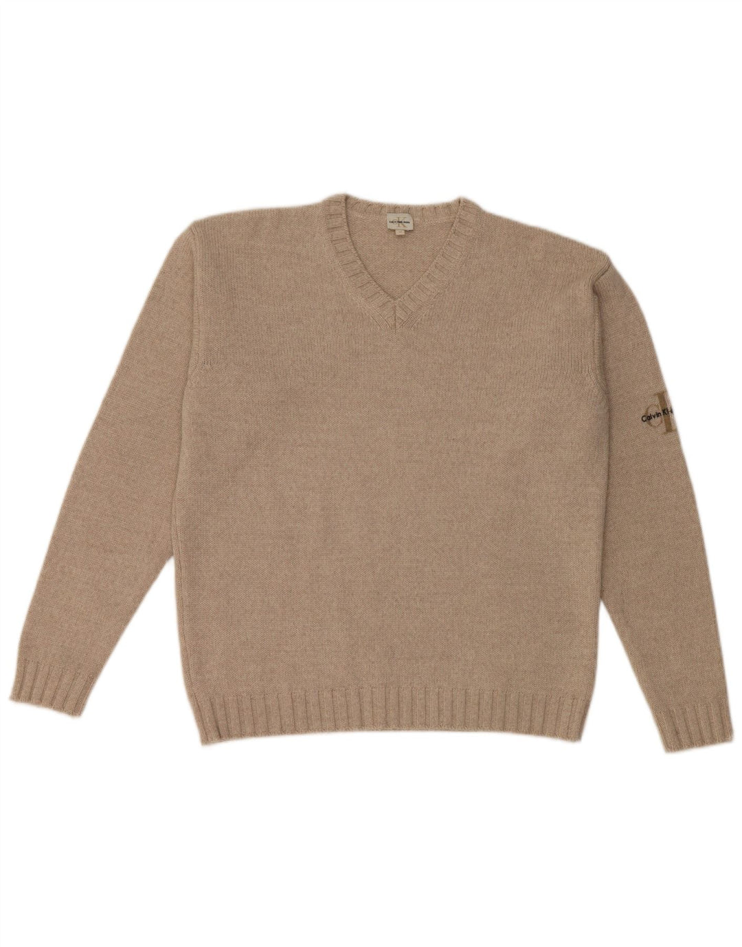 Calvin Klein Mens V-Neck Jumper Sweater Medium Beige Merino Wool