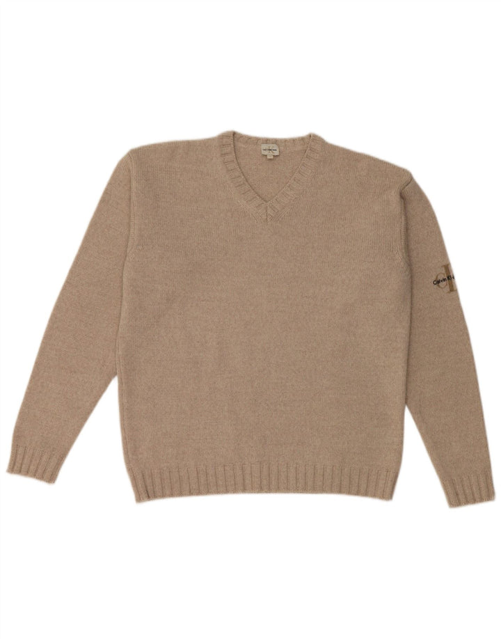 Calvin Klein Mens V-Neck Jumper Sweater Medium Beige Merino Wool