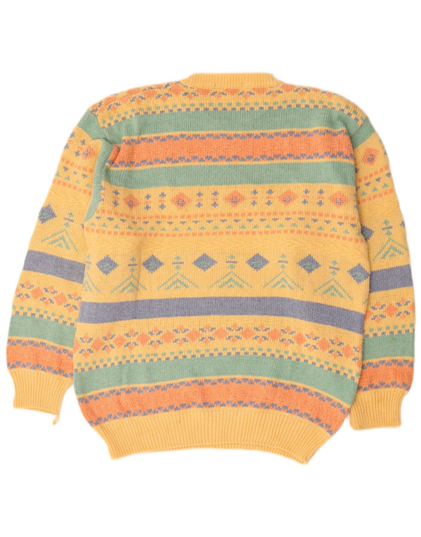Old England Mens Crew Neck Jumper Sweater Large Yellow Fair Isle Wool