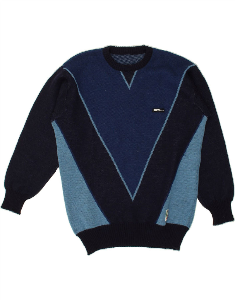 SILVY Mens Crew Neck Jumper Sweater IT 50 Medium Navy Blue Colourblock | Vintage Silvy | Thrift | Second-Hand Silvy | Used Clothing | Messina Hembry 