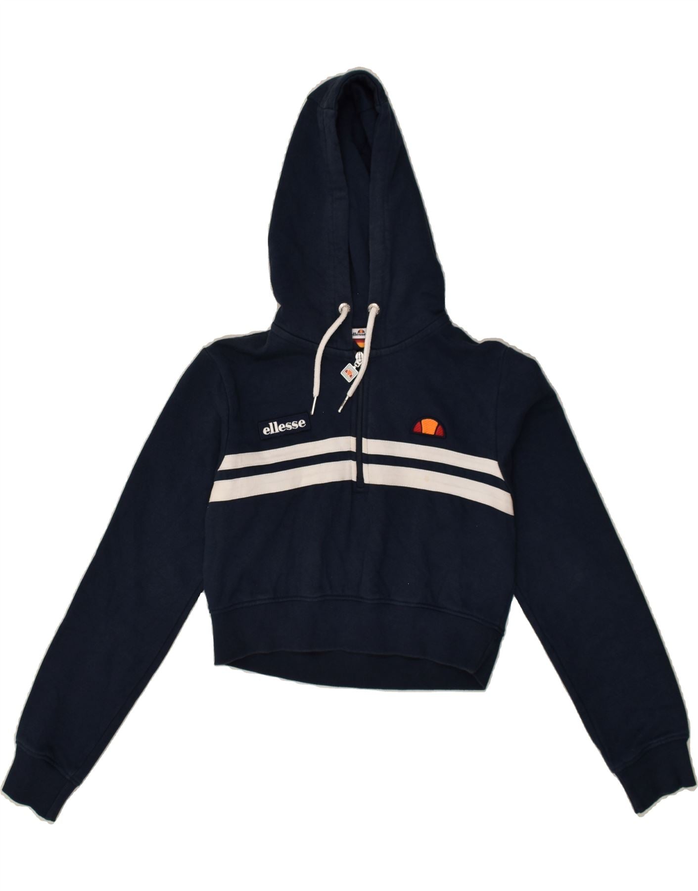 ELLESSE Womens Crop Hoodie Jumper UK 8 Small Navy Blue Cotton